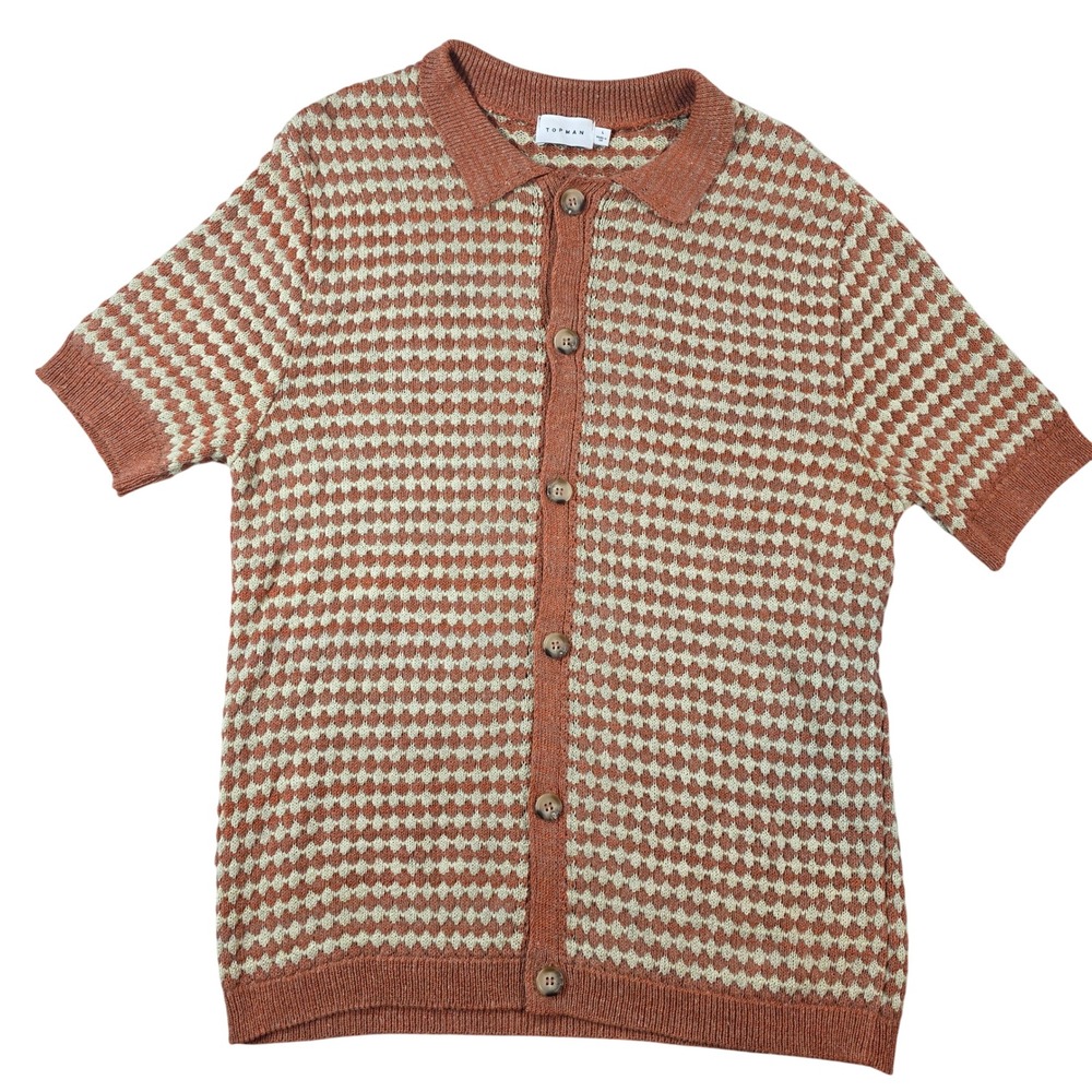 Topman Geometric Vintage Knit Button Up Polo Shirt Terracotta Large Mens Retro